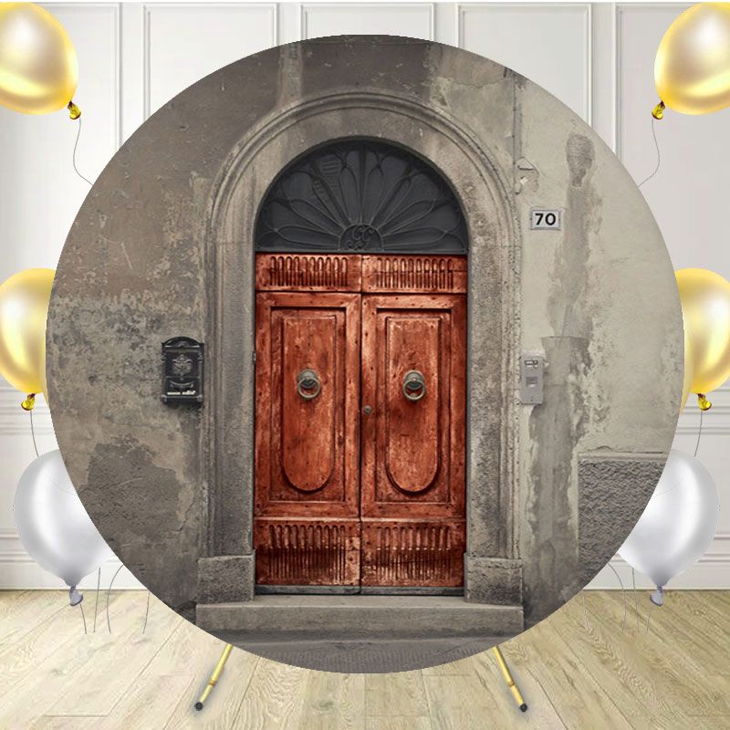 Gray Wall Red Arch Wooden Door Round Backdrop - Layoris