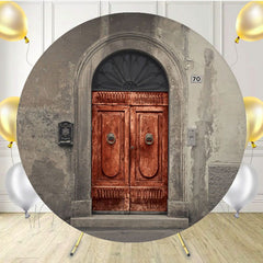 Gray Wall Red Arch Wooden Door Round Backdrop - Layoris