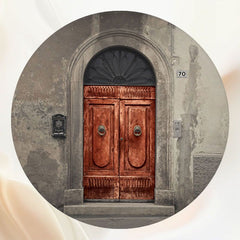 Gray Wall Red Arch Wooden Door Round Backdrop - Layoris