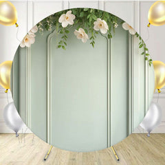 White Flowers And Leaves Green Wall Round Backdrop - Layoris