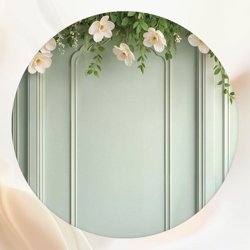 White Flowers And Leaves Green Wall Round Backdrop - Layoris