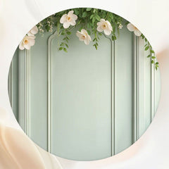 White Flowers And Leaves Green Wall Round Backdrop - Layoris