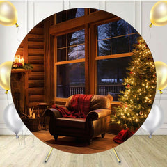 Fireplace Indoors At Night Christmas Round Backdrop - Layoris