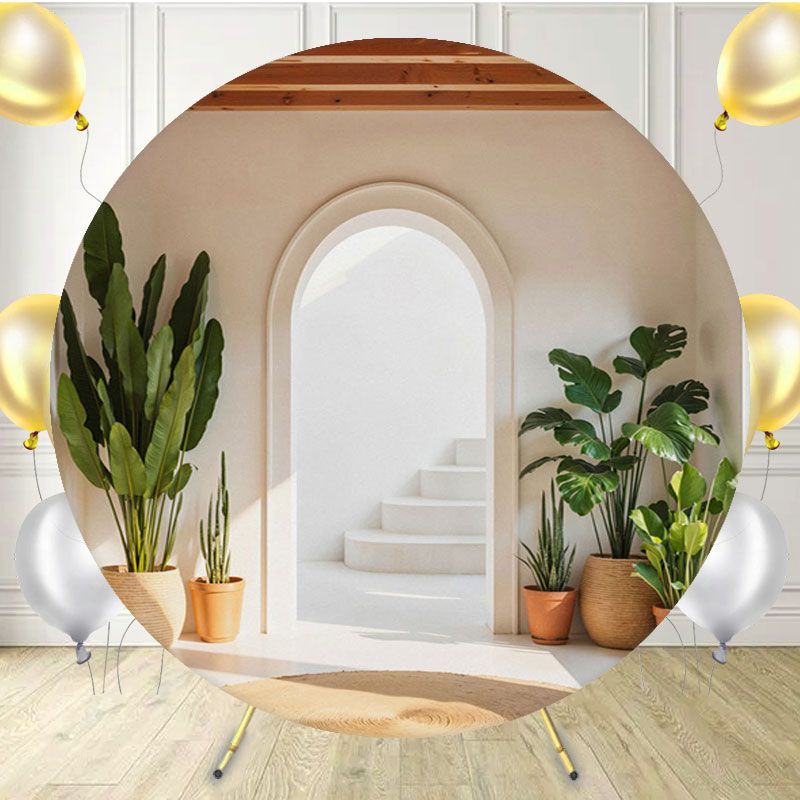 Arch Green Plants White Wall Circle Backdrop - Layoris