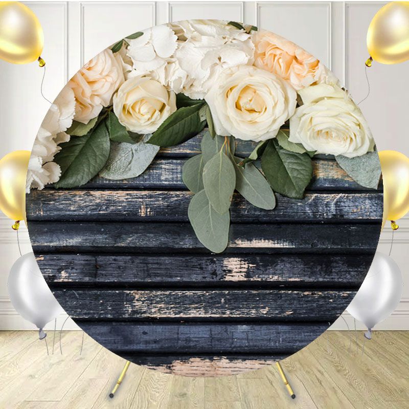 Blue Wooden Surrounded By Flowers Round Backdrop - Layoris