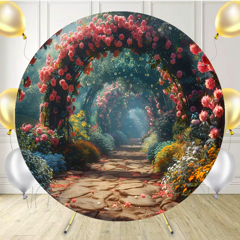 Romantic Flower Arch Wedding Round Backdrop - Layoris