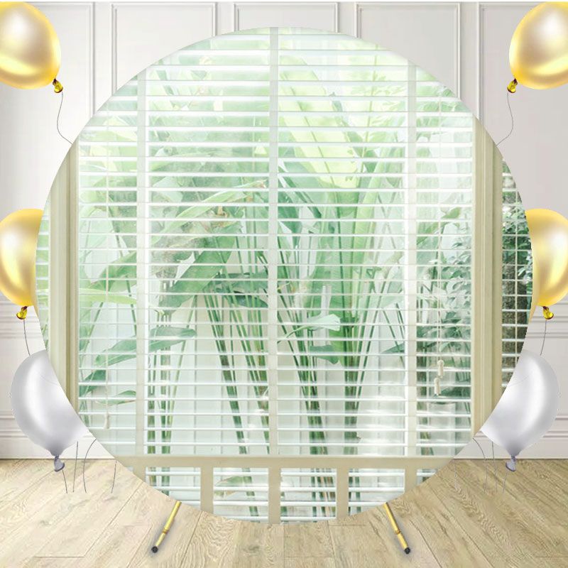 White Shutters With Green Plants Outside Round Backdrop - Layoris