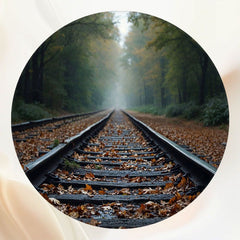 Railroad Tracks In The Autumn Woods Round Backdrop - Layoris
