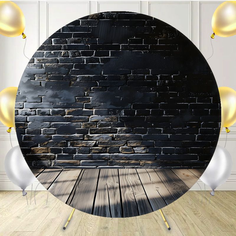 Black Brick Wall And Wooden Circle Backdrop - Layoris
