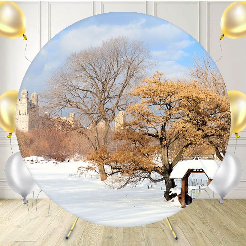 Snow Covered Village In Winter Round Backdrop - Layoris
