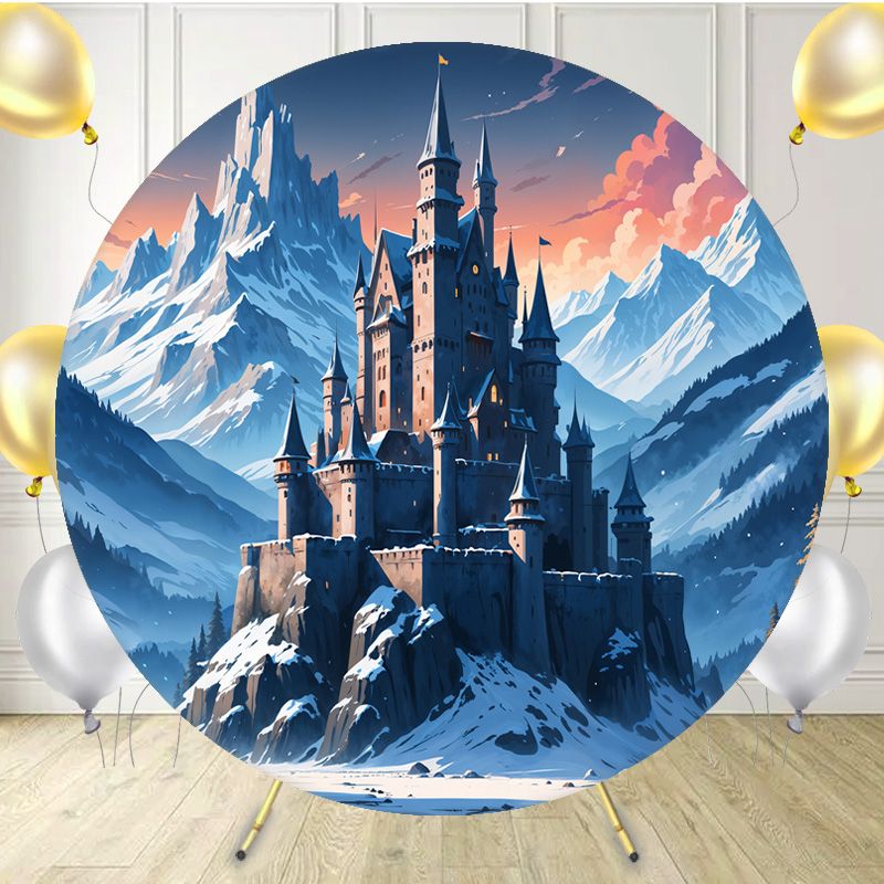 Cartoon Snow Mountain Castle Round Backdrop - Layoris