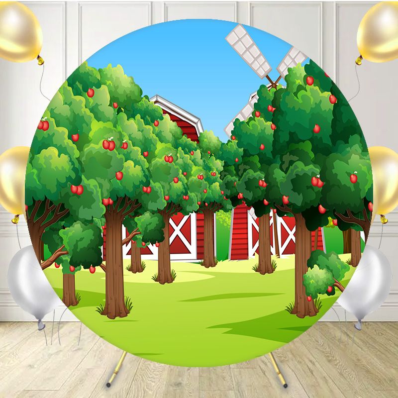 Cartoon Apple Tree Red House Farm Round Backdrop - Layoris