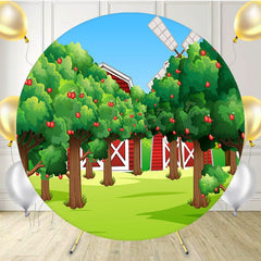 Cartoon Apple Tree Red House Farm Round Backdrop - Layoris