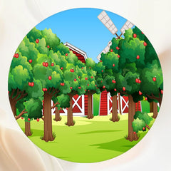 Cartoon Apple Tree Red House Farm Round Backdrop - Layoris