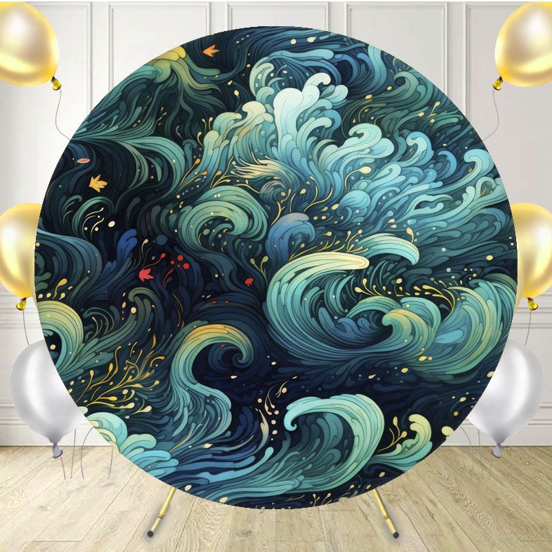 Blue Green Wave Painting Round Backdrop - Layoris