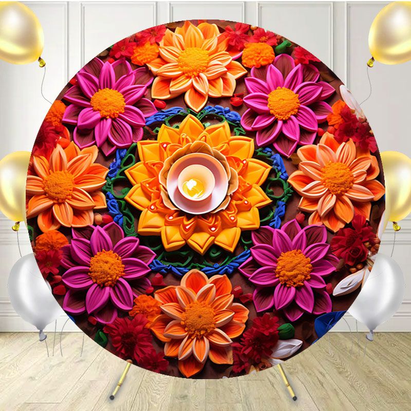 Colorful Blooming Flowers Candles Diwali Round Backdrop - Layoris
