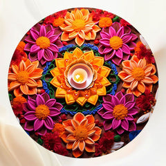 Colorful Blooming Flowers Candles Diwali Round Backdrop - Layoris