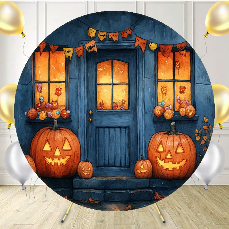 Smiley Pumpkin House Halloween Round Backdrop - Layoris