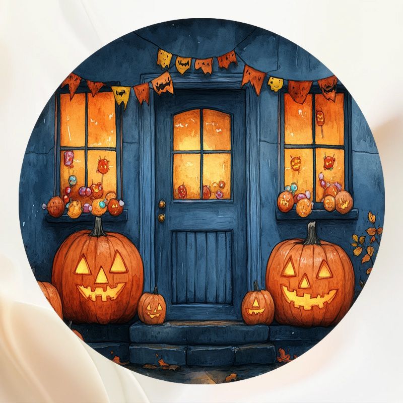 Smiley Pumpkin House Halloween Round Backdrop - Layoris