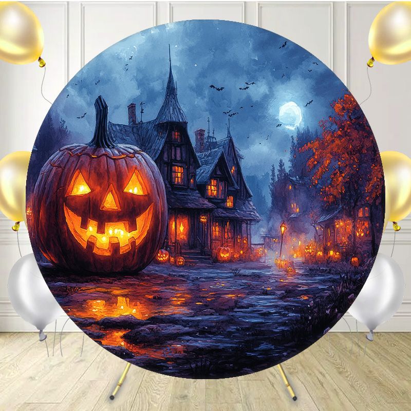 Spooky Pumpkin Castle Moon Halloween Round Backdrop - Layoris