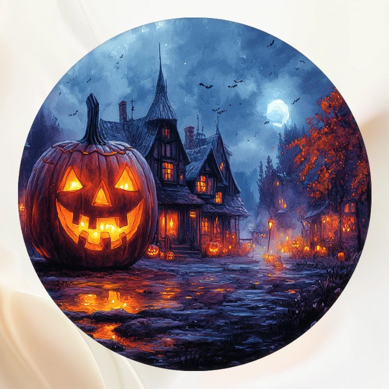 Spooky Pumpkin Castle Moon Halloween Round Backdrop - Layoris