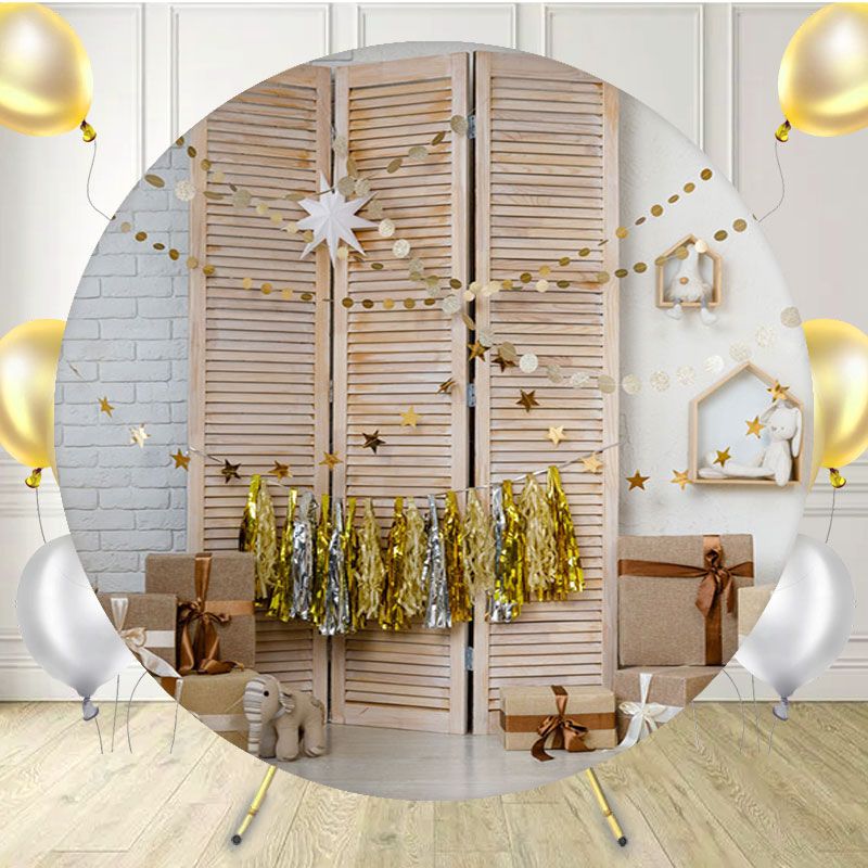 Warm White Brick Wall Gift Box Round Backdrop - Layoris