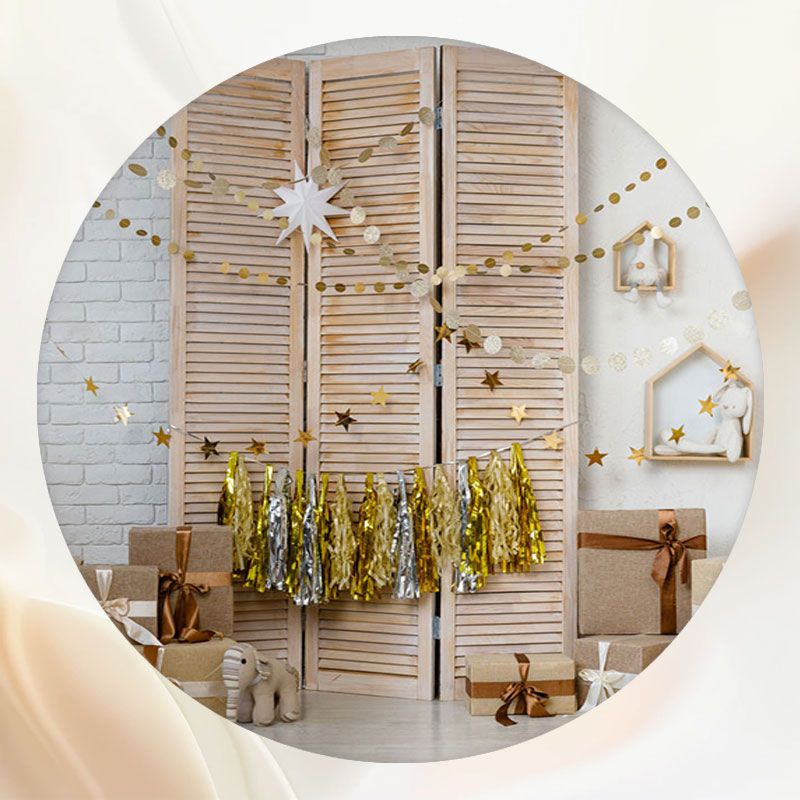 Warm White Brick Wall Gift Box Round Backdrop - Layoris