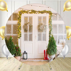White Door And Window Wreath Christmas Round Backdrop - Layoris