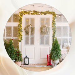 White Door And Window Wreath Christmas Round Backdrop - Layoris