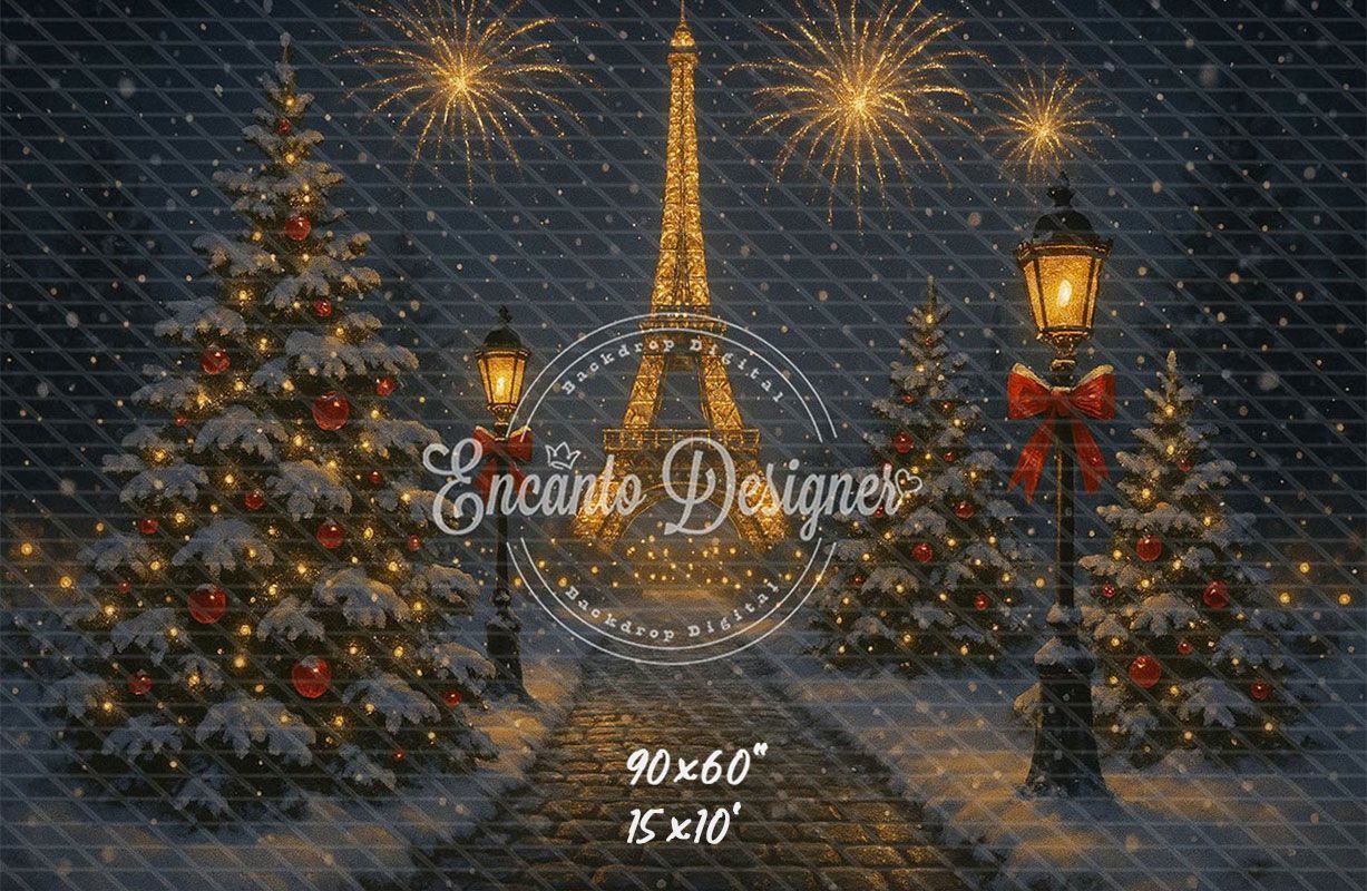 Eiffel Tower Fireworks Pine Christmas Backdrop - Layoris