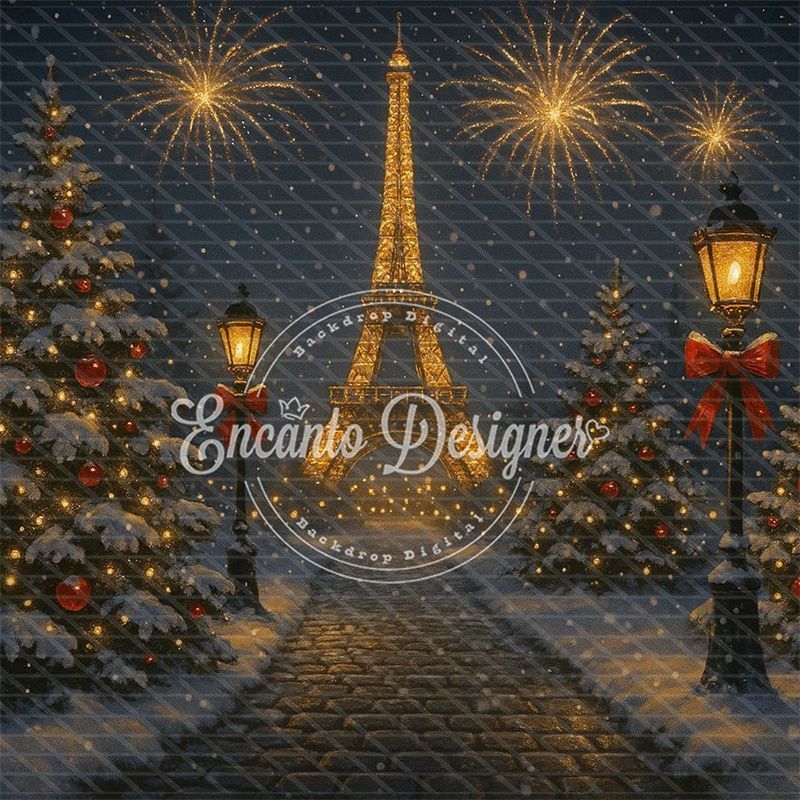 Eiffel Tower Fireworks Pine Christmas Backdrop - Layoris