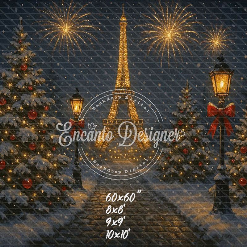 Eiffel Tower Fireworks Pine Christmas Backdrop - Layoris