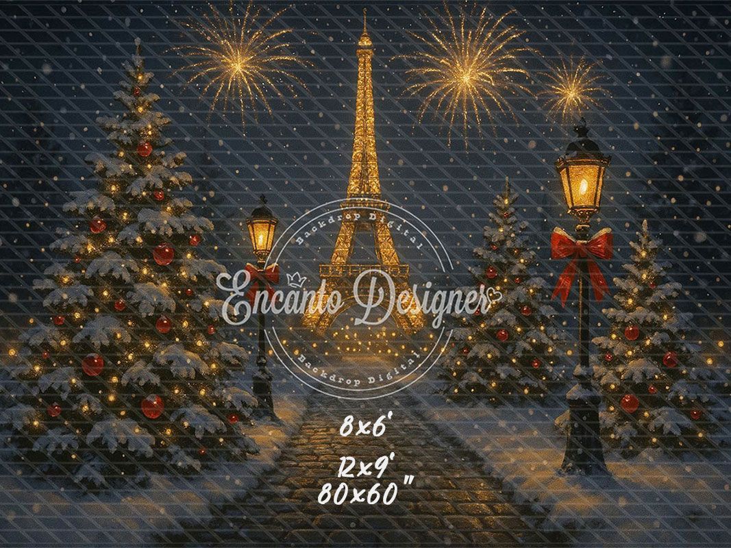Eiffel Tower Fireworks Pine Christmas Backdrop - Layoris
