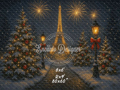 Eiffel Tower Fireworks Pine Christmas Backdrop - Layoris