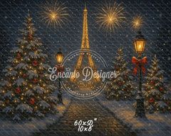 Eiffel Tower Fireworks Pine Christmas Backdrop - Layoris