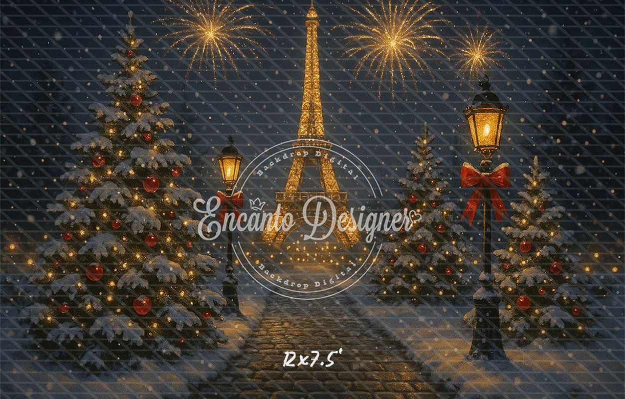 Eiffel Tower Fireworks Pine Christmas Backdrop - Layoris