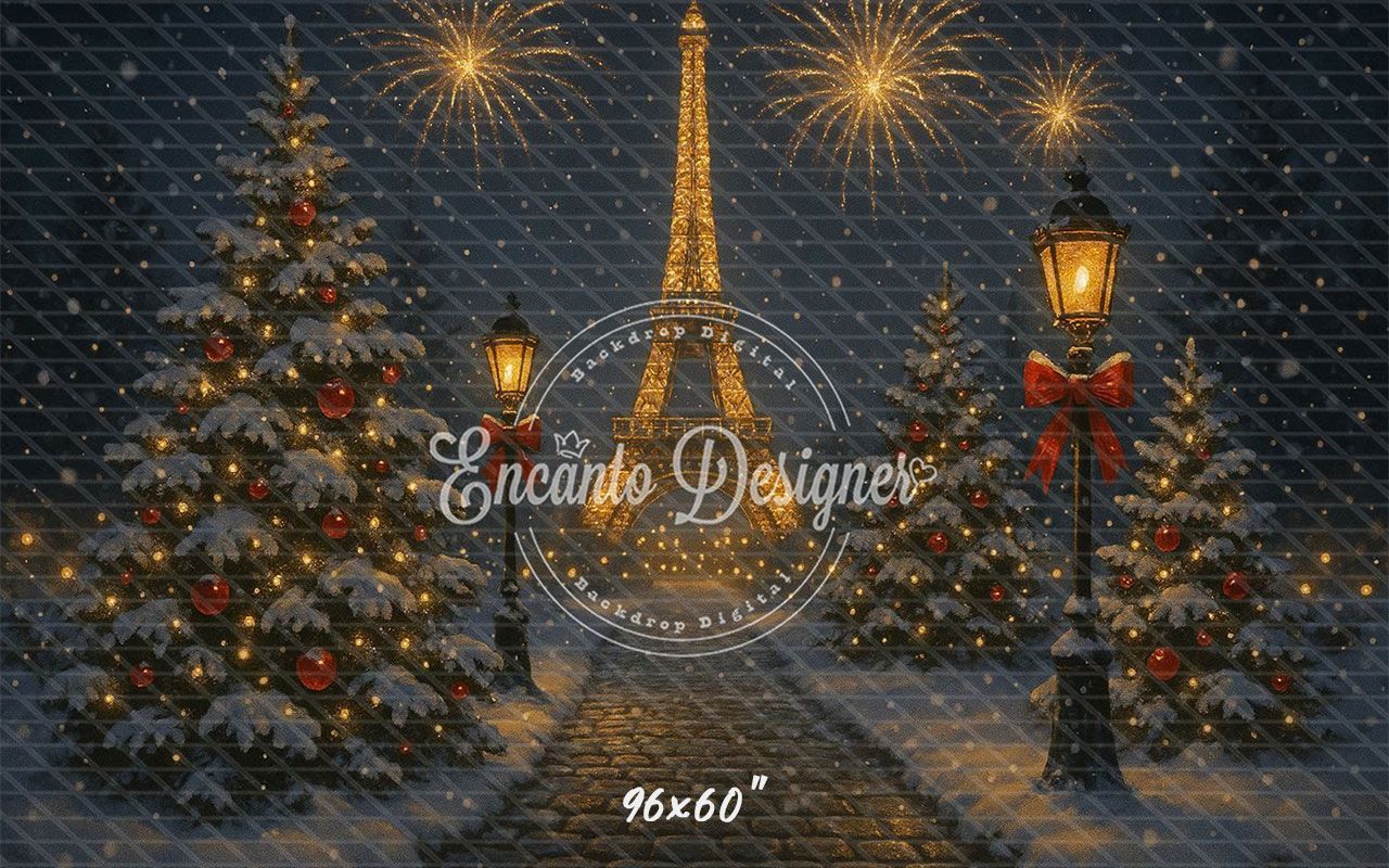 Eiffel Tower Fireworks Pine Christmas Backdrop - Layoris