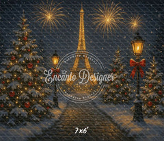 Eiffel Tower Fireworks Pine Christmas Backdrop - Layoris