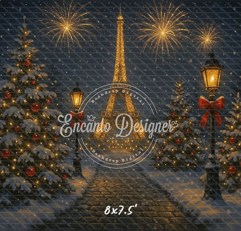 Eiffel Tower Fireworks Pine Christmas Backdrop - Layoris