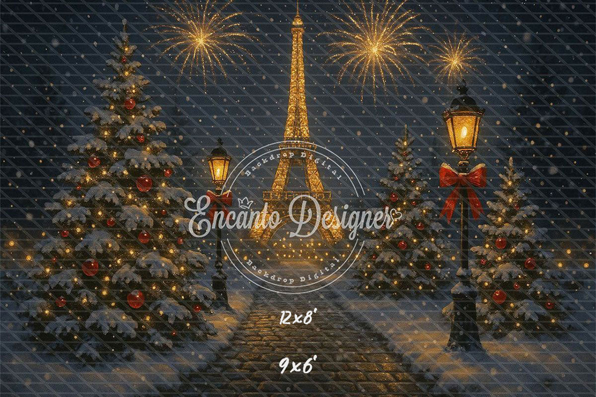Eiffel Tower Fireworks Pine Christmas Backdrop - Layoris