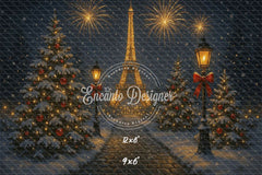 Eiffel Tower Fireworks Pine Christmas Backdrop - Layoris