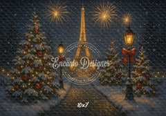 Eiffel Tower Fireworks Pine Christmas Backdrop - Layoris