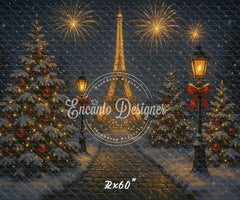 Eiffel Tower Fireworks Pine Christmas Backdrop - Layoris