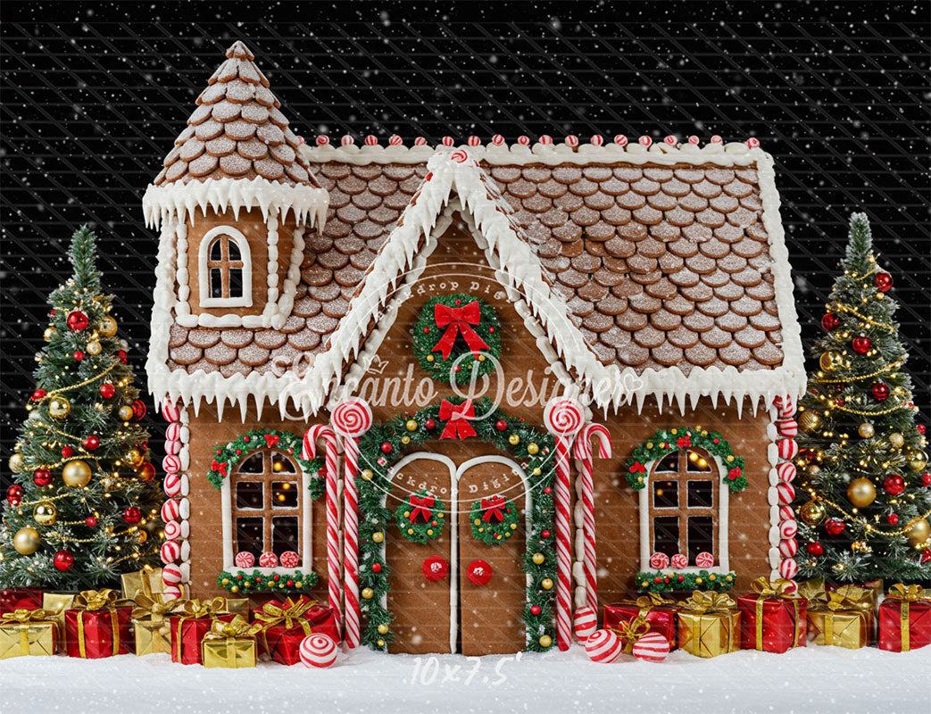 Gingerbread House Snow Christmas Backdrop - Layoris