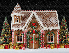 Gingerbread House Snow Christmas Backdrop - Layoris