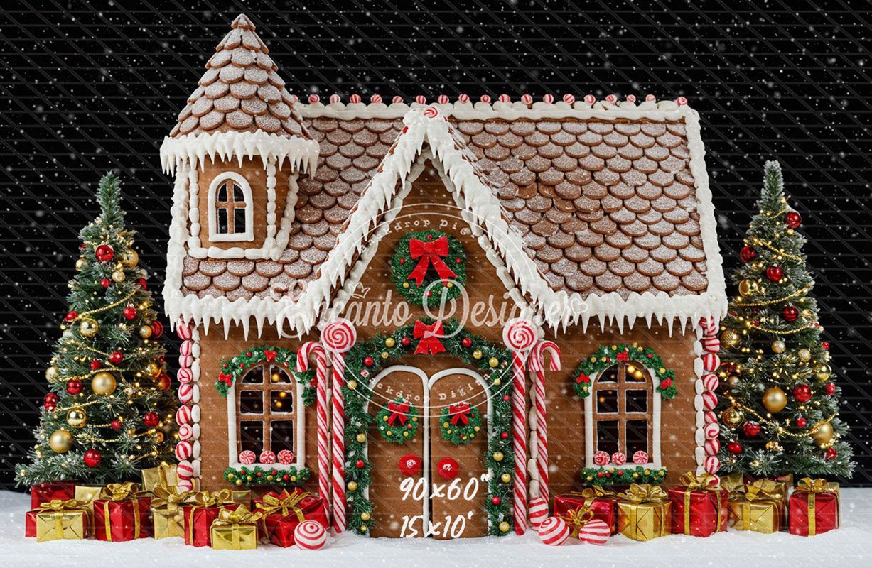 Gingerbread House Snow Christmas Backdrop - Layoris