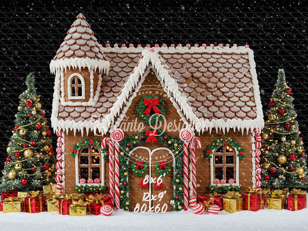 Gingerbread House Snow Christmas Backdrop - Layoris