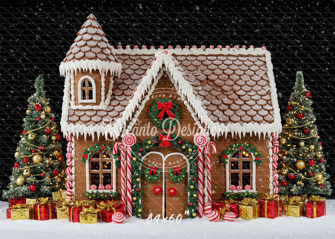 Gingerbread House Snow Christmas Backdrop - Layoris