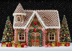 Gingerbread House Snow Christmas Backdrop - Layoris