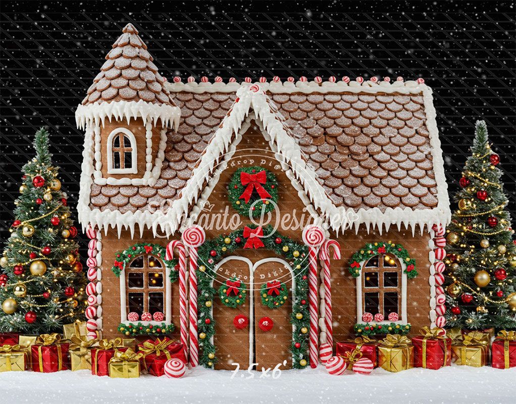 Gingerbread House Snow Christmas Backdrop - Layoris